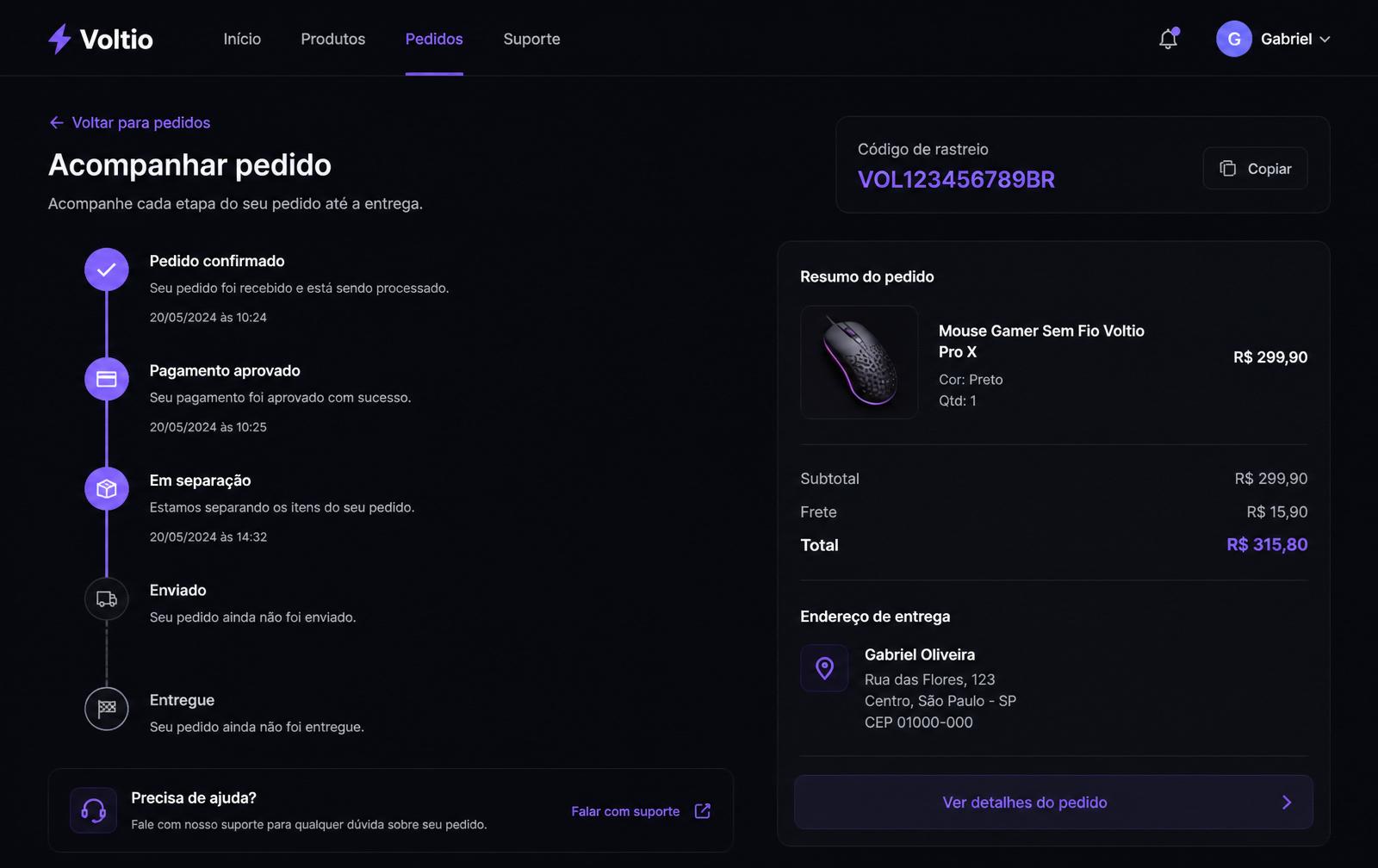 Página de rastreamento do pedido
